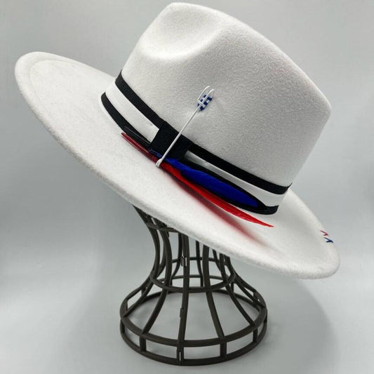 White fedora with red and blue details