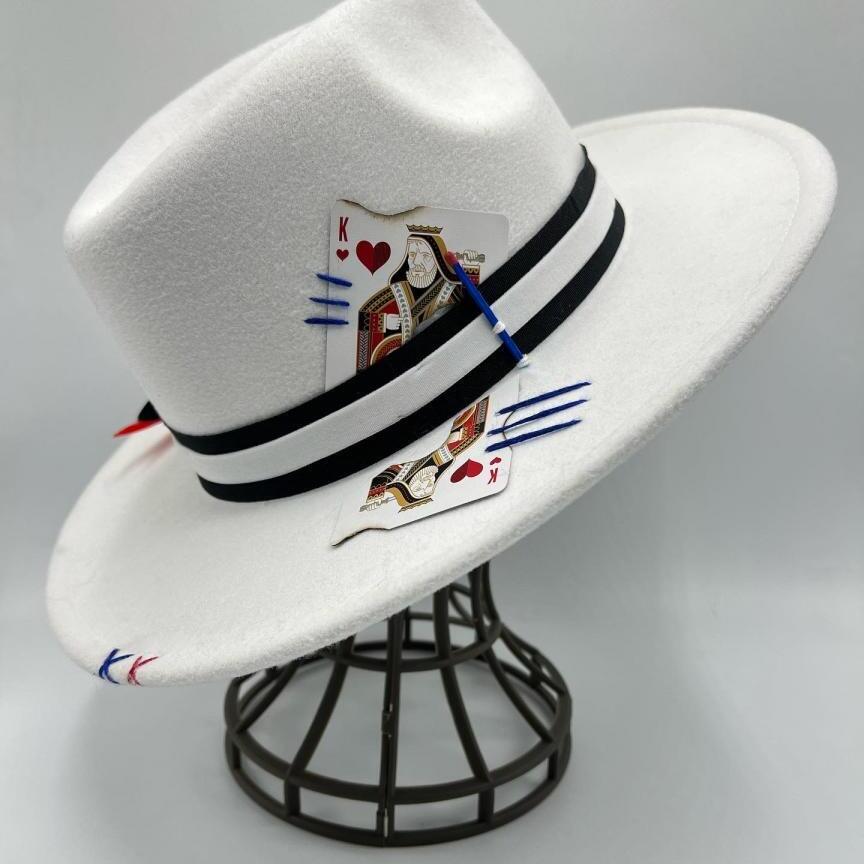 White fedora with red and blue details