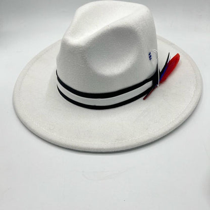 White fedora with red and blue details