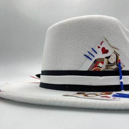 White fedora with red and blue details