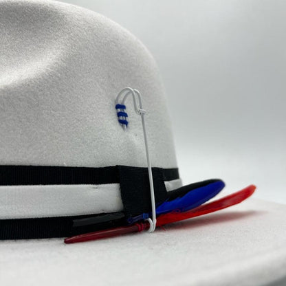 White fedora with red and blue details