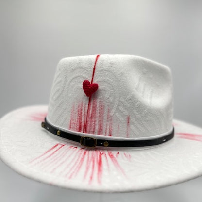 White hand drawn fedora with hearts