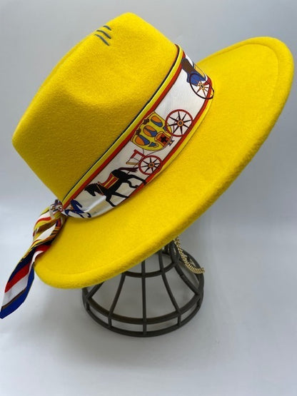 Yellow fedora with carriage scarf and golden chain