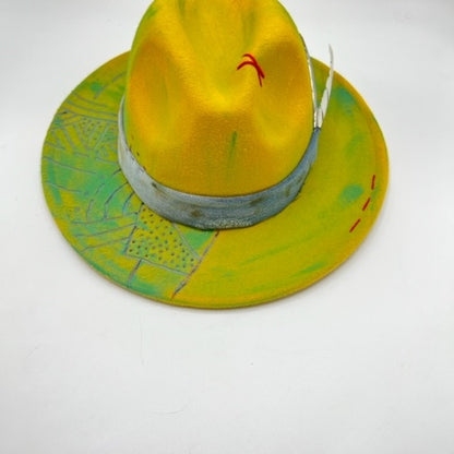 Yellow fedora with turquoise details