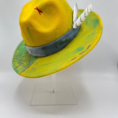 Yellow fedora with turquoise details